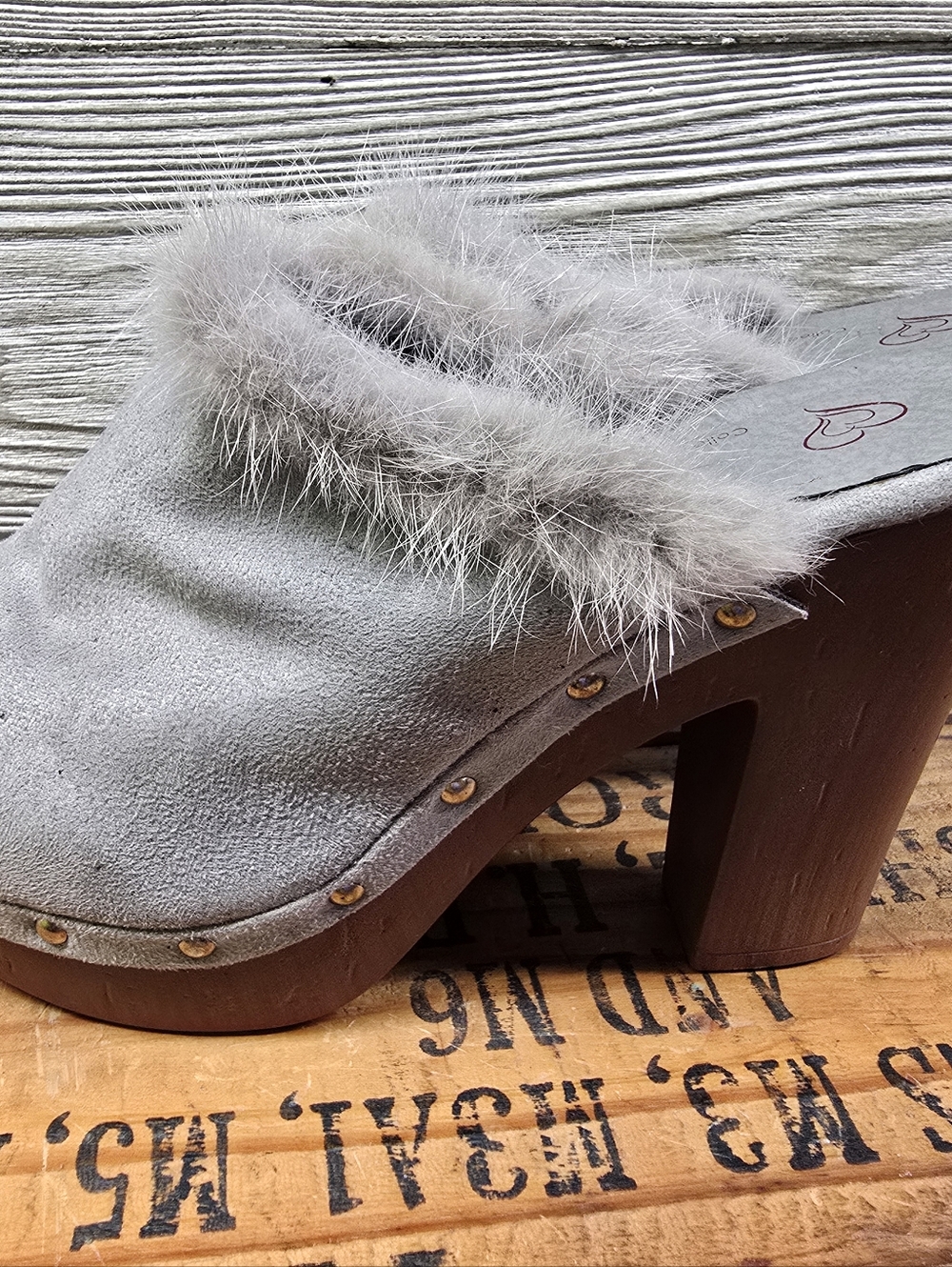 Gray Faux-Fur Trim Suede Clog Mules